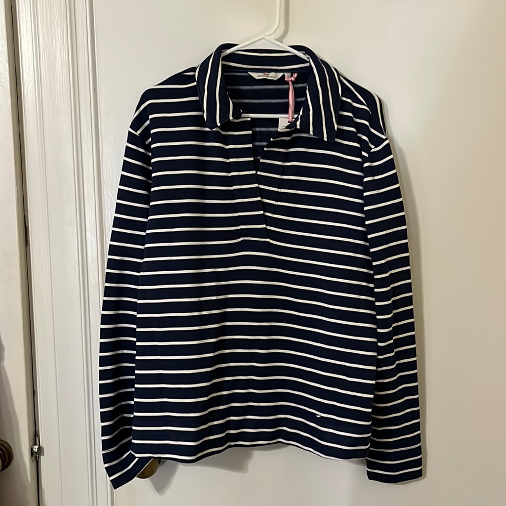 Deep Blue And White Stripped Vineyard Vines Sweater Polo. Size Large.